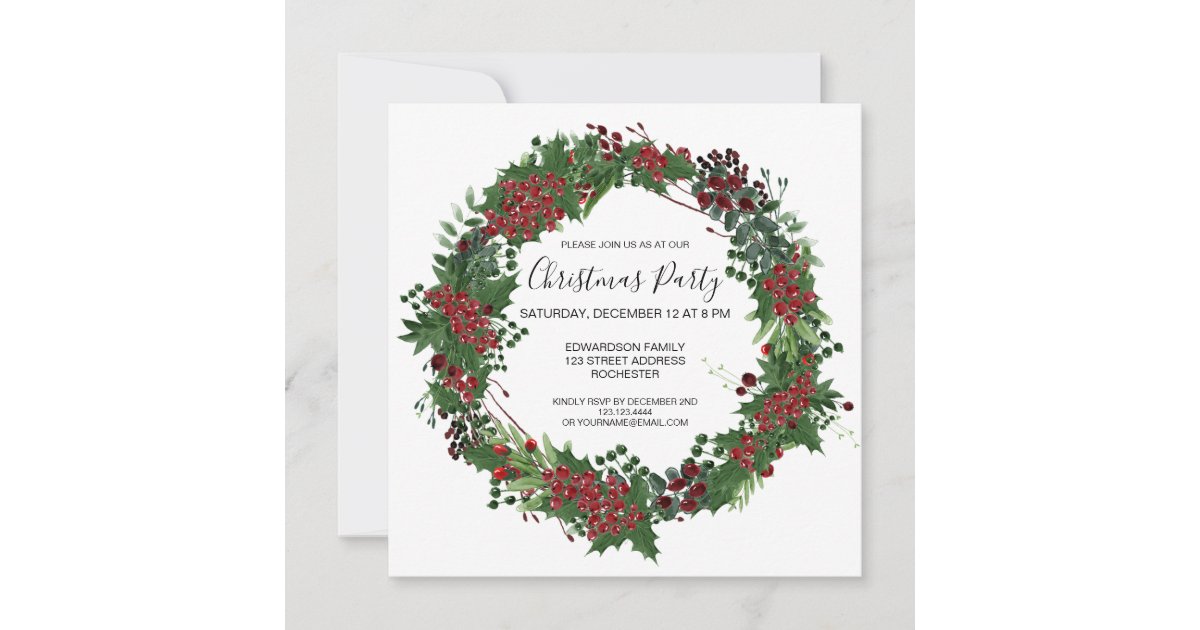 Watercolor Holly wreath Christmas Party invitation | Zazzle