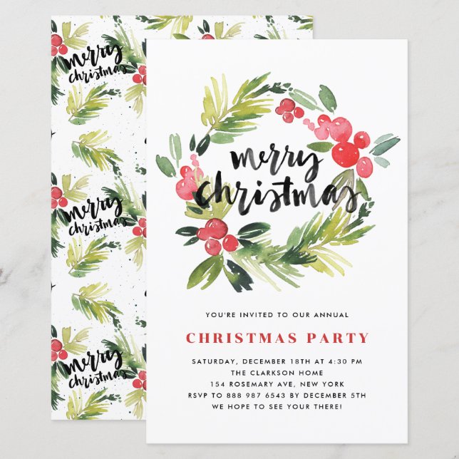 Watercolor Holly Wreath Christmas Party Invitation (Front/Back)