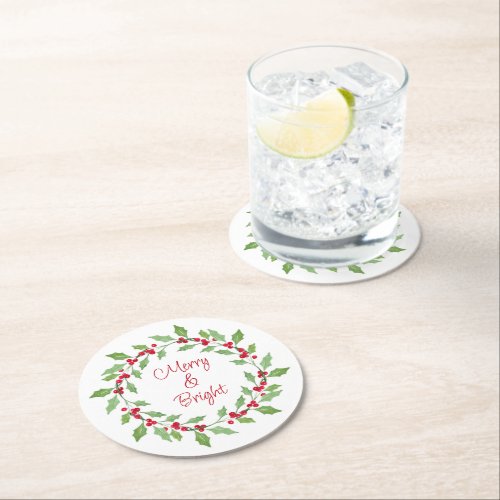 Watercolor Holly Wreath Classic Round Paper Coaste Round Paper Coaster