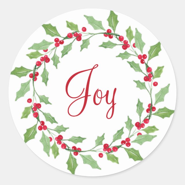Watercolor Holly Wreath Classic Round Sticker (Front)