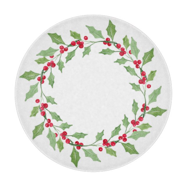 Watercolor Holly Wreath  Cutting Board (Front)