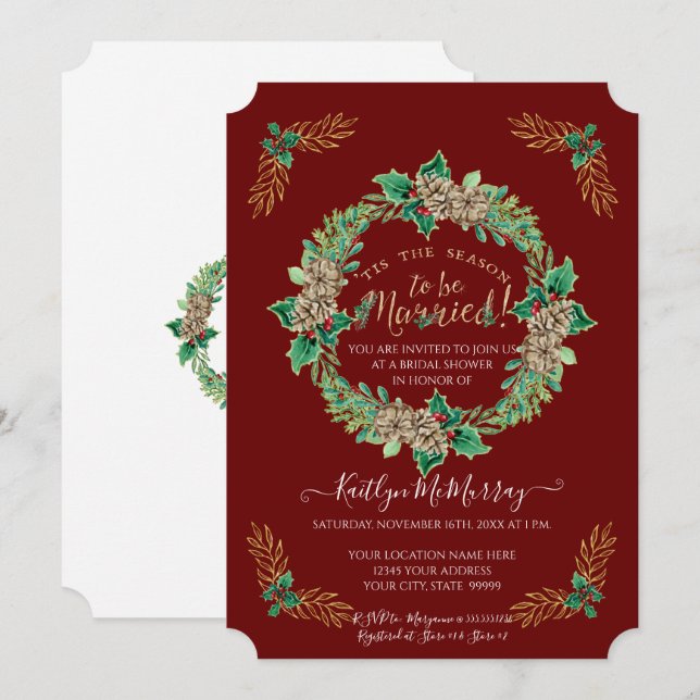 Watercolor Holly Wreath Gold Glitter Bridal Shower Invitation (Front/Back)