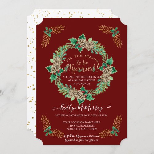 Watercolor Holly Wreath Gold Glitter Bridal Shower Invitation