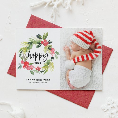 Watercolor Holly Wreath Happy New Year 2022 Photo Holiday Card