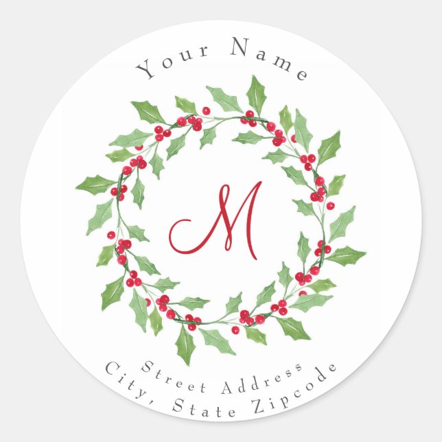 'Watercolor Holly Wreath' Labels (Front)