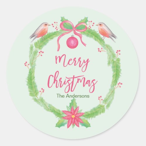 Watercolor Holly Wreath  Merry Christmas Classic Round Sticker