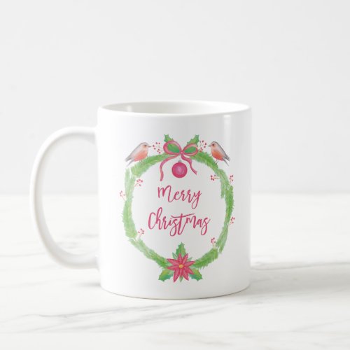 Watercolor Holly Wreath Merry Christmas Coffee Mug