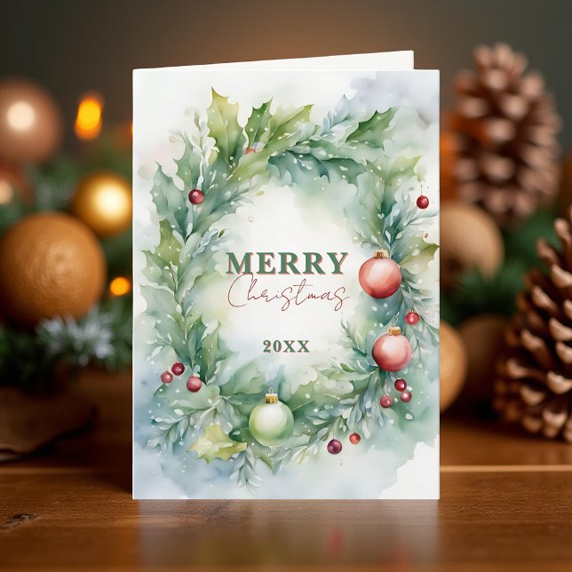 Watercolor Holly Wreath Merry Christmas Holiday Card (Creator Uploaded)