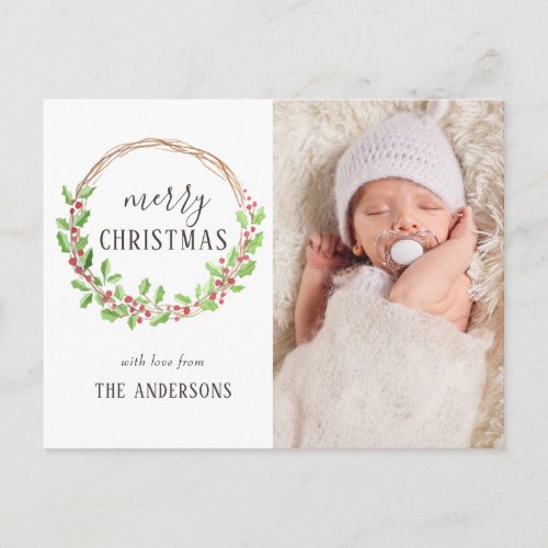 Watercolor Holly Wreath Merry Christmas Photo Card - Watercolor Holly Wreath Merry Christmas Photo Cards by Eugene Designs.