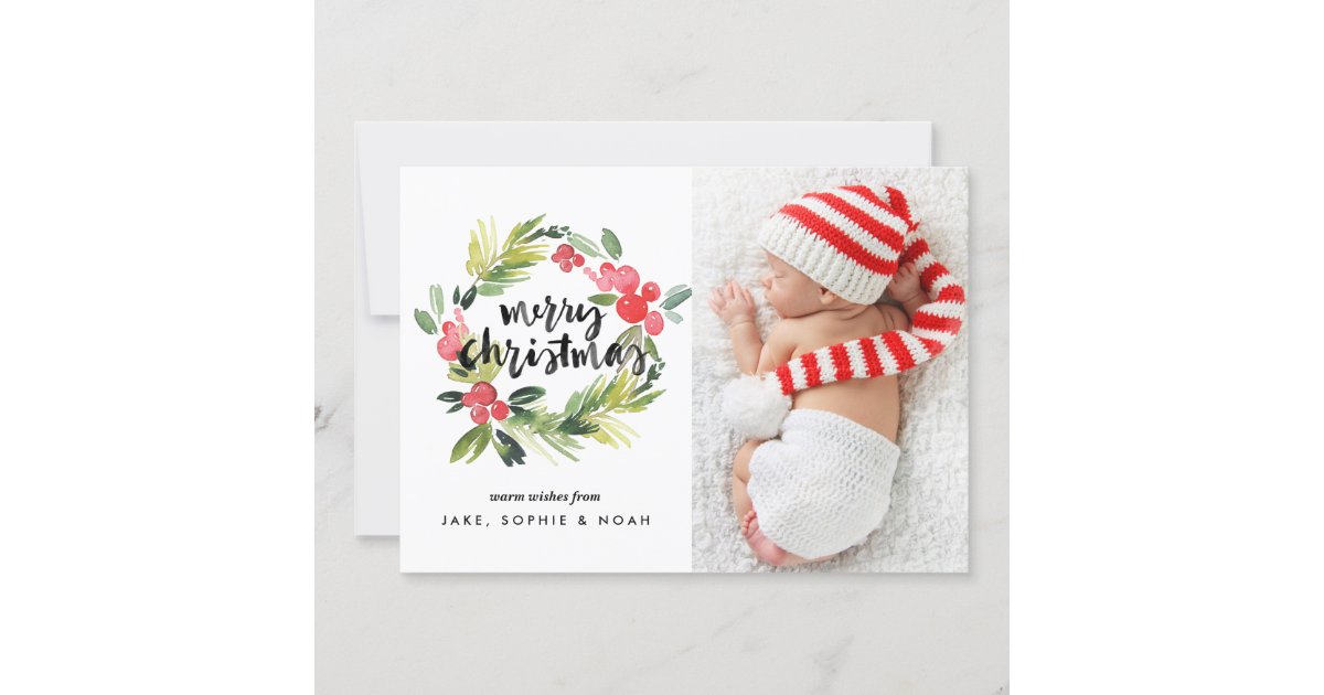 Watercolor Holly Wreath Merry Christmas Photo Card