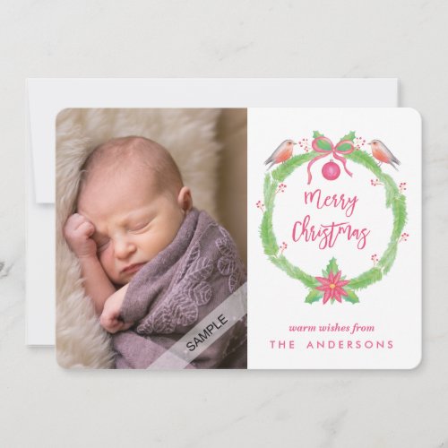 Watercolor Holly Wreath Merry Christmas  Photo Holiday Card