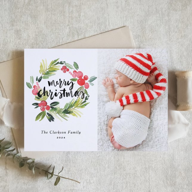 Watercolor Holly Wreath Merry Christmas Photo Holiday Card (Creator Uploaded)