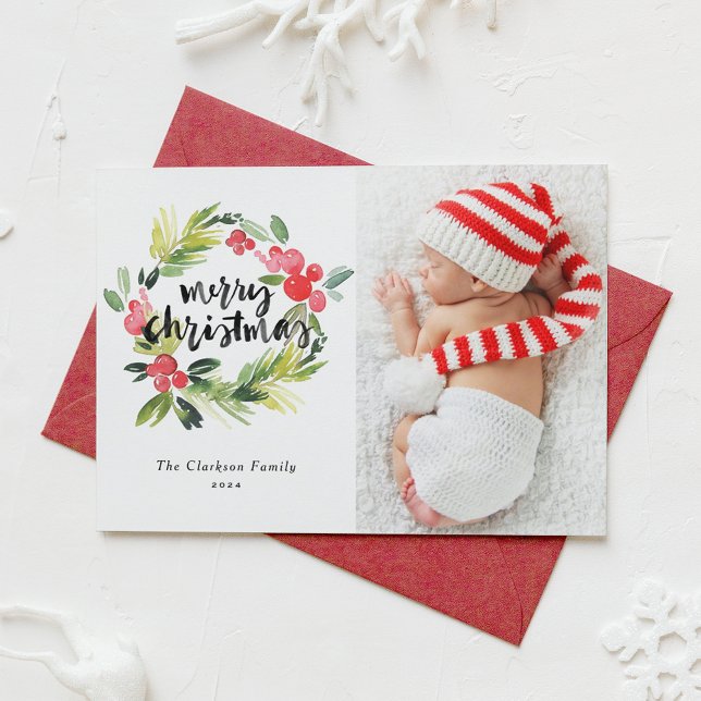 Watercolor Holly Wreath Merry Christmas Photo Holiday Card (Creator Uploaded)