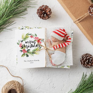 Watercolor Holly Wreath Merry Christmas Photo Holiday Card