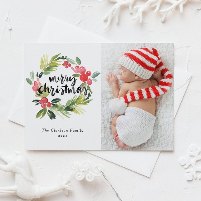 Watercolor Holly Wreath Merry Christmas Photo Holiday Postcard (Creator Uploaded)