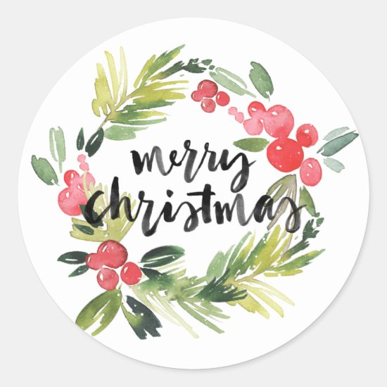 Watercolor Holly Wreath Merry Christmas Sticker
