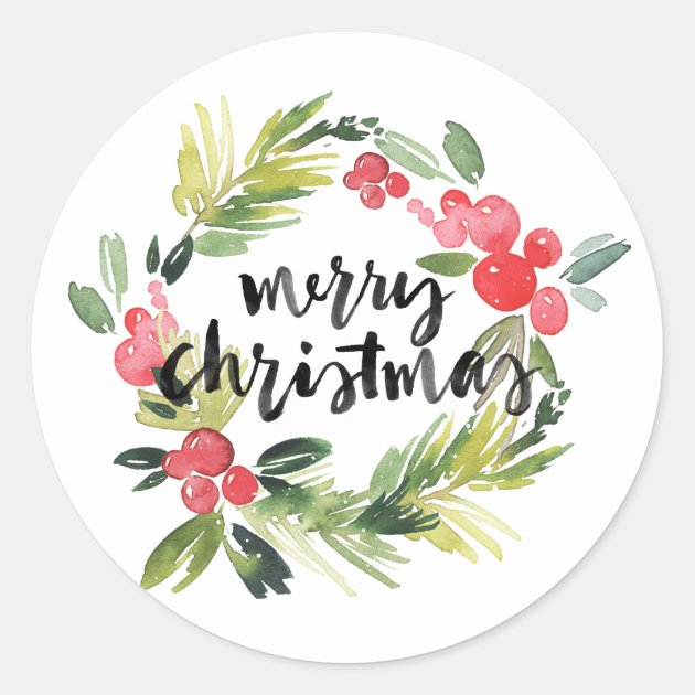 Watercolor Holly Wreath Merry Christmas Sticker
