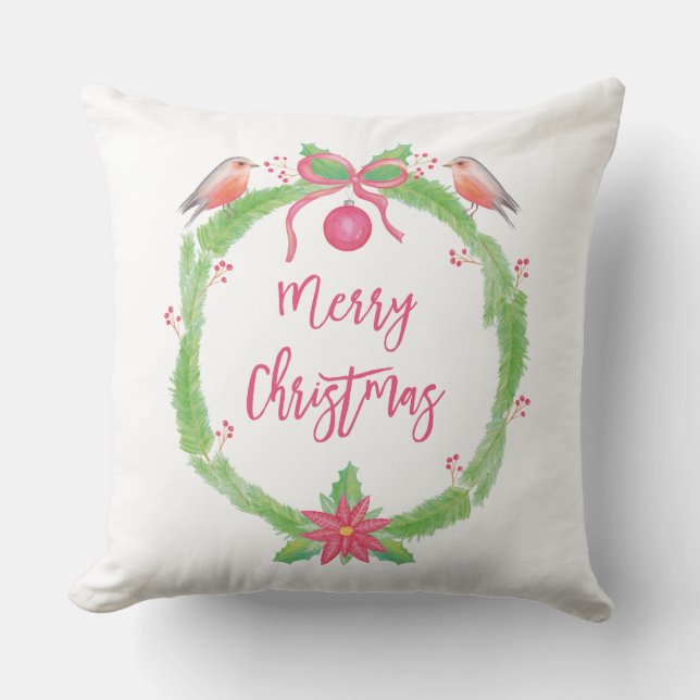 Watercolor Holly Wreath Merry Christmas Throw Pillow (Front)