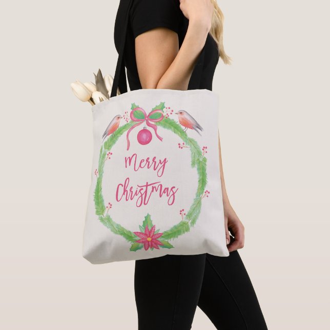 Watercolor Holly Wreath Merry Christmas Tote Bag (Close Up)