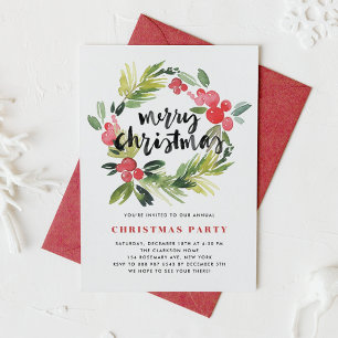Watercolor Holly Wreath Merry Holiday Party Invitation
