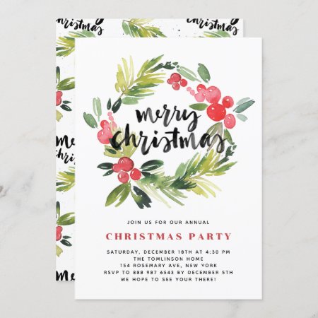 Watercolor Holly Wreath Merry Holiday Party Invitation