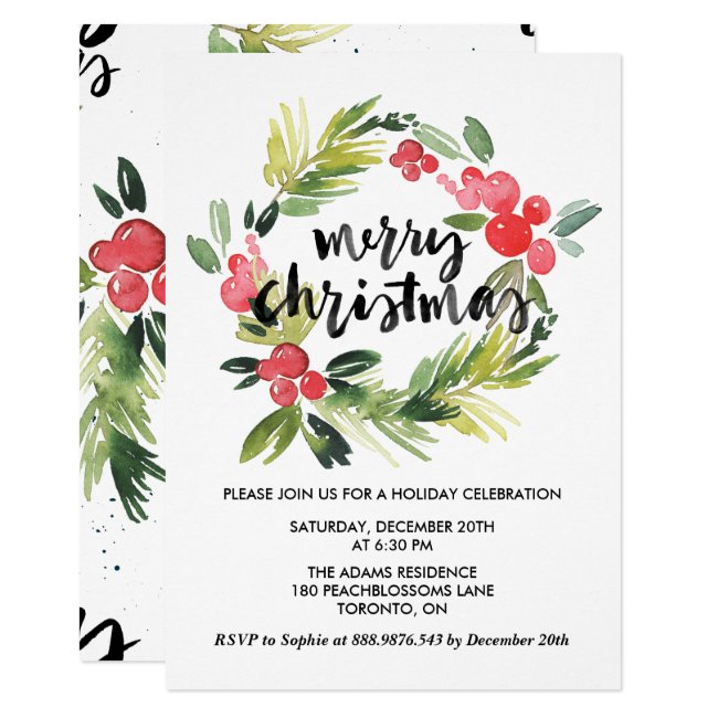 Watercolor Holly Wreath Merry Holiday Party Invitation