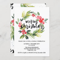 Watercolor Holly Wreath Merry Holiday Party Invitation