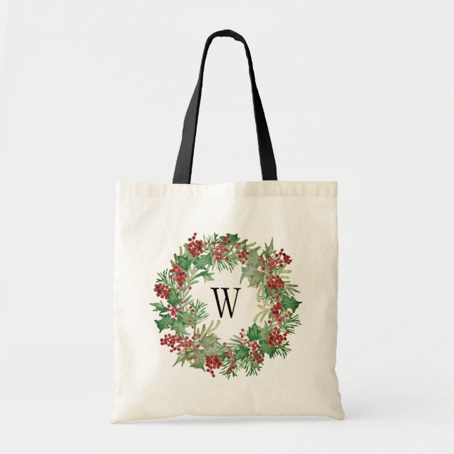 Watercolor Holly Wreath Monogram Initial Holiday Tote Bag (Front)