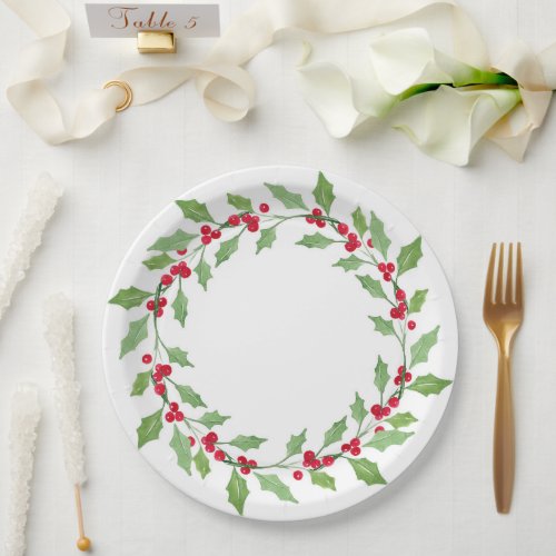 Watercolor Holly Wreath Paper Plates