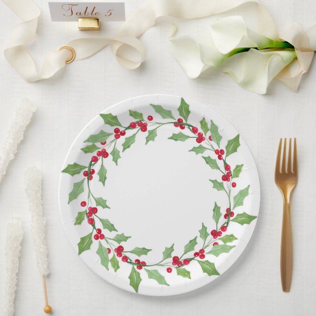 Watercolor Holly Wreath Paper Plates (Wedding)