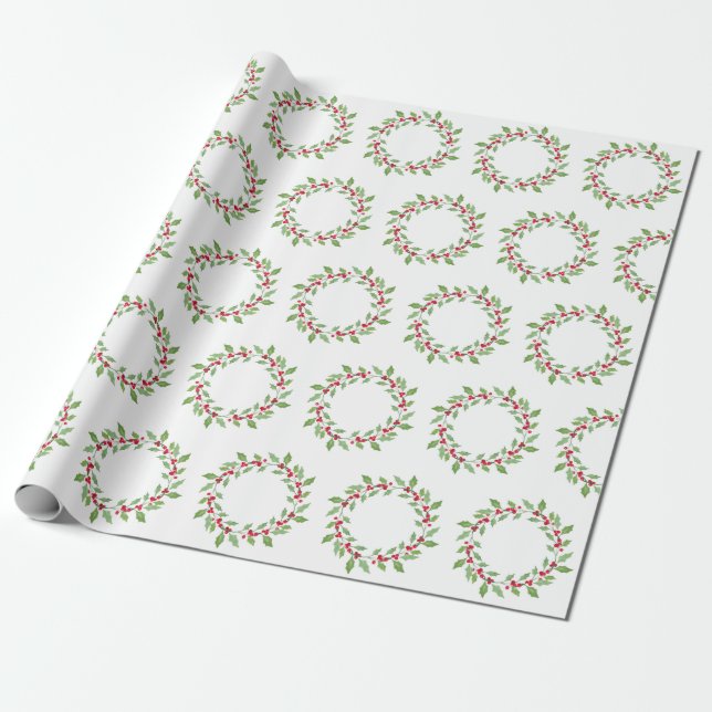 Watercolor Holly Wreath Pattern Wrapping Paper (Unrolled)