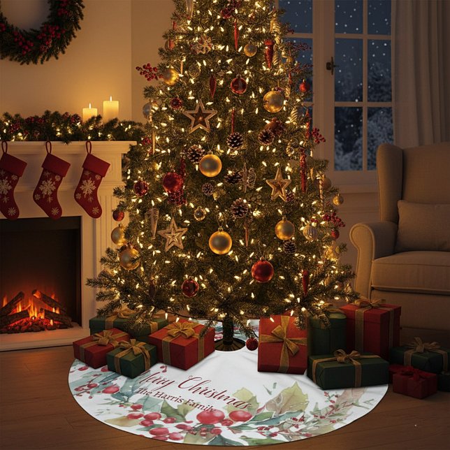 Watercolor holly wreath personalized Christmas Brushed Polyester Tree Skirt (Creator Uploaded)