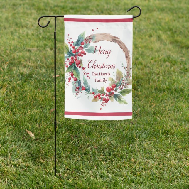 Watercolor holly wreath personalized Christmas Garden Flag (In SItu)