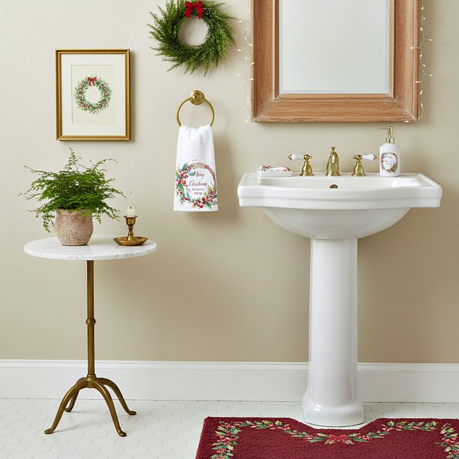 Watercolor holly wreath personalized Christmas Hand Towel (Creator Uploaded)