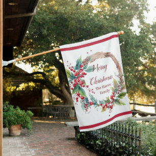 Watercolor holly wreath personalized Christmas House Flag
