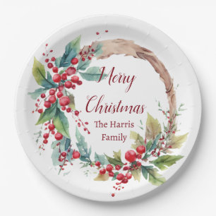 Watercolor holly wreath personalized Christmas Paper Plates