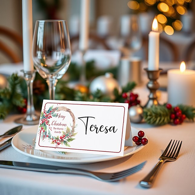 Watercolor holly wreath personalized Christmas Place Card (Creator Uploaded)
