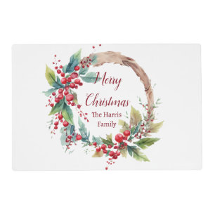 Watercolor holly wreath personalized Christmas Placemat