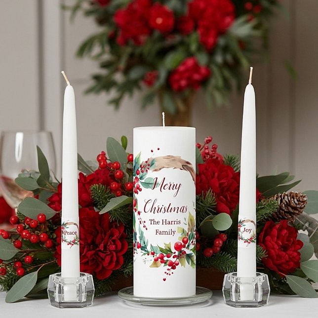 Watercolor holly wreath personalized Christmas Unity Candle Set (Creator Uploaded)