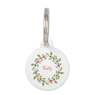 Watercolor Holly Wreath Pet ID Tag