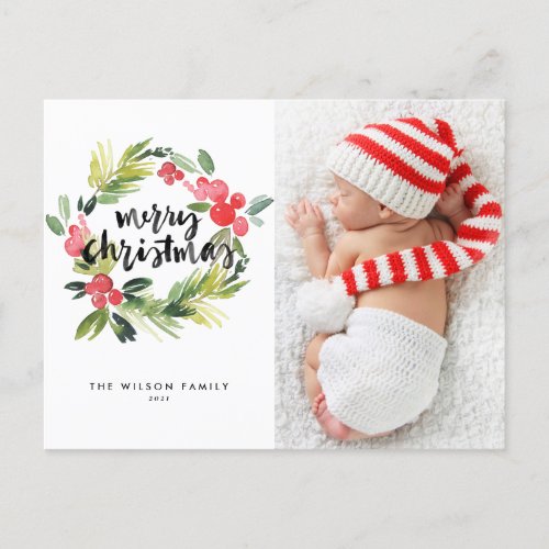 Watercolor Holly Wreath Photo Merry Christmas Holiday Postcard