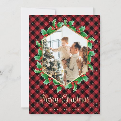 Watercolor Holly Wreath Red Plaid Photo Christmas Holiday Card