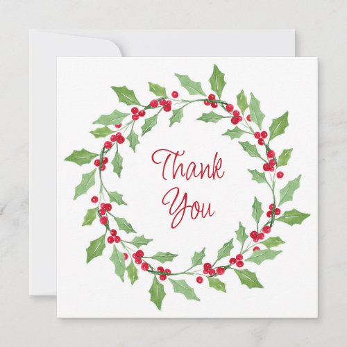 Watercolor Holly Wreath Thank You Card