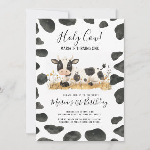 Watercolor Holy Cow Farm Birthday Party Invitation