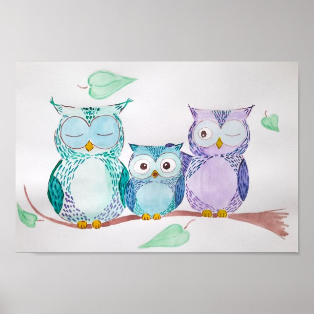 Watercolor home decor, cute owls, poster (Front)