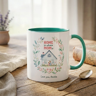 Watercolor Home is where Mom is Custom Name Mug
