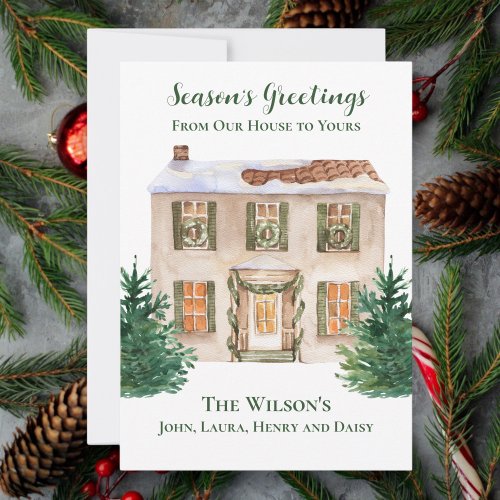 Watercolor Home Pine Seasons Greetings Custom  Holiday Card