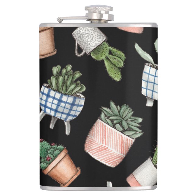 Watercolor Home Plants Black Seamless Flask (Front)