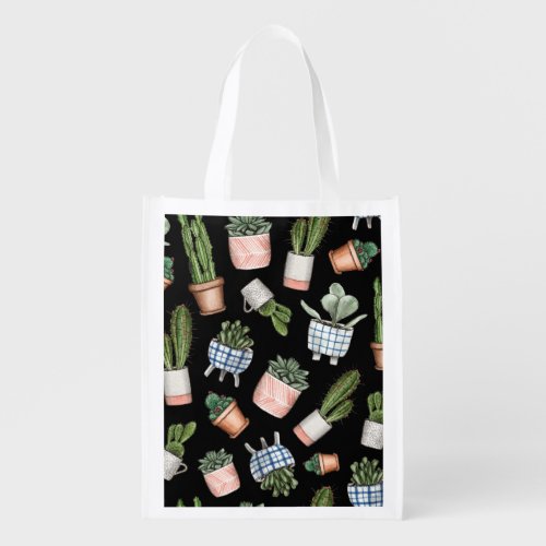Watercolor Home Plants Black Seamless Grocery Bag