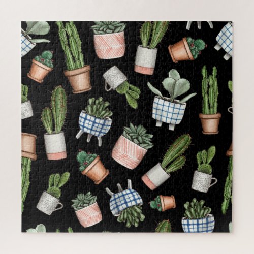Watercolor Home Plants Black Seamless Jigsaw Puzzle